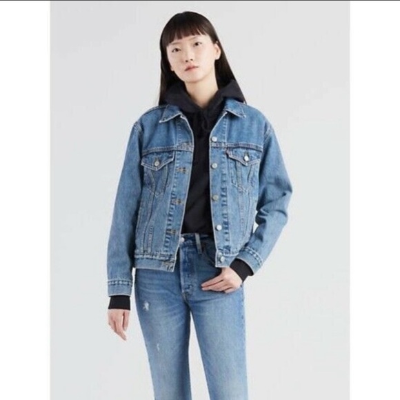 Levi's Original Sequin Trucker Jean Jacket Denim Blue Red Size Small - Picture 2 of 16